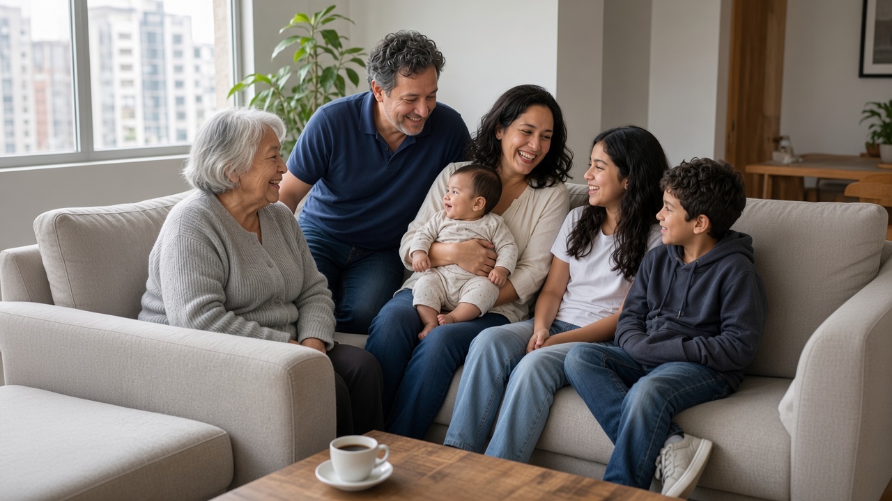 Familia colombiana de todas las edades, en casa